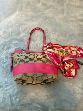 Coach Signature Canvas Shoulder Bag with Pink Trim and Scarf